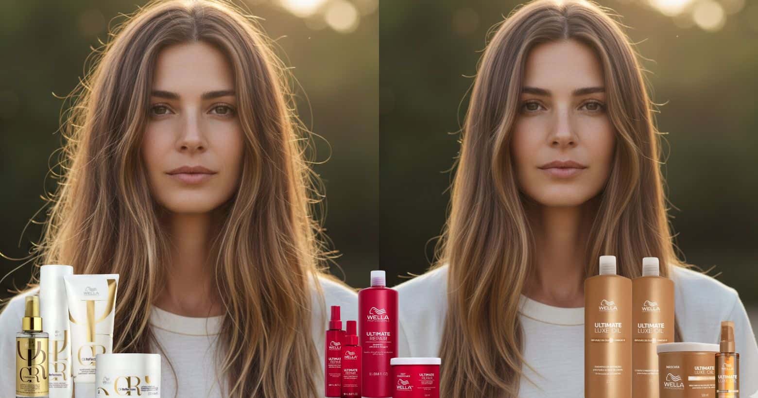 Ilustraão antes e depois de cabelo ressecado e produtos da Wella (Foto: Montagem TV Foco / GMN / Wella)
