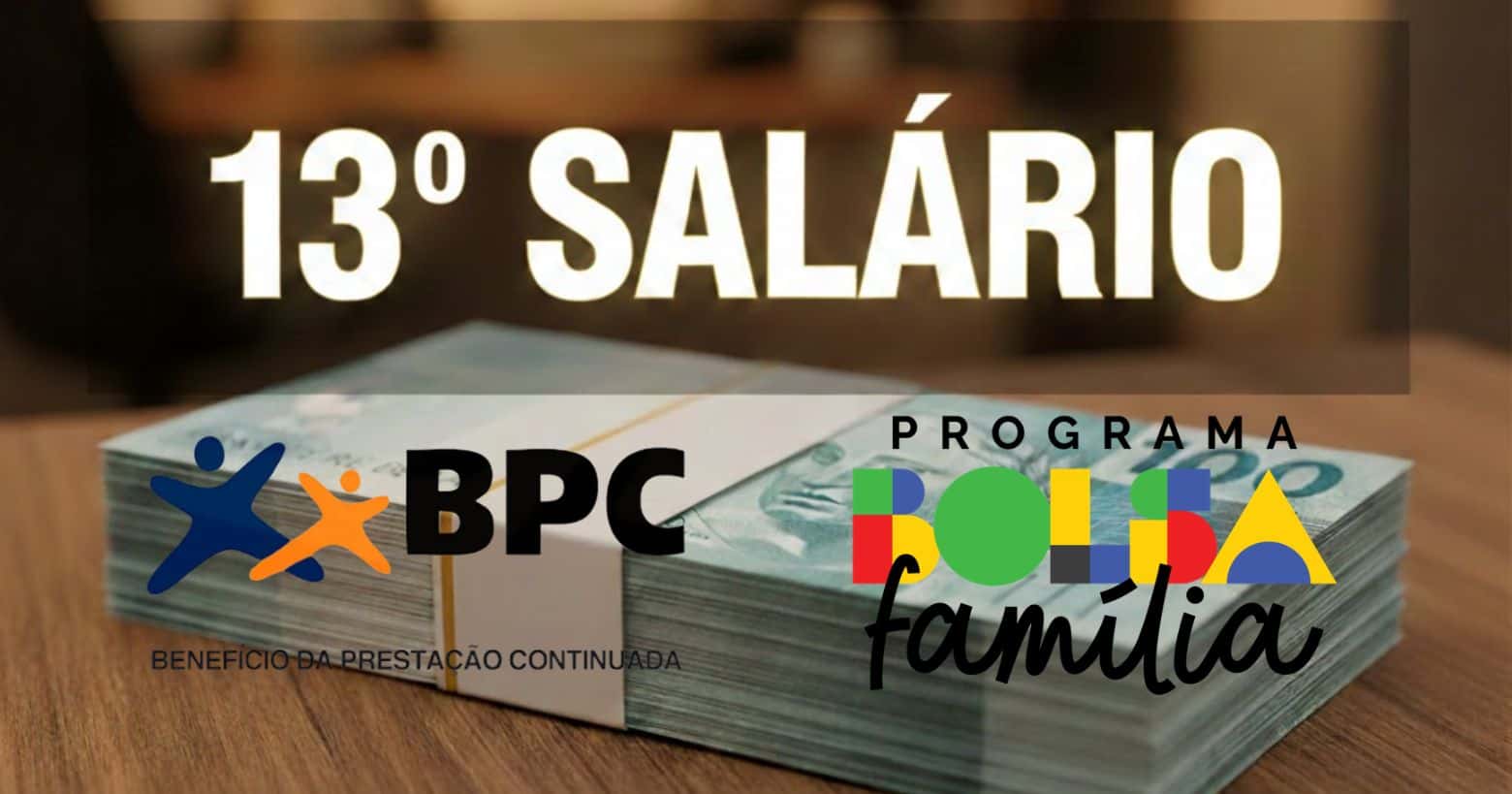 Ilustração 13º salário, logo BPC e Bolsa Família (Foto: Montagem TV Foco / GMN / Internet)