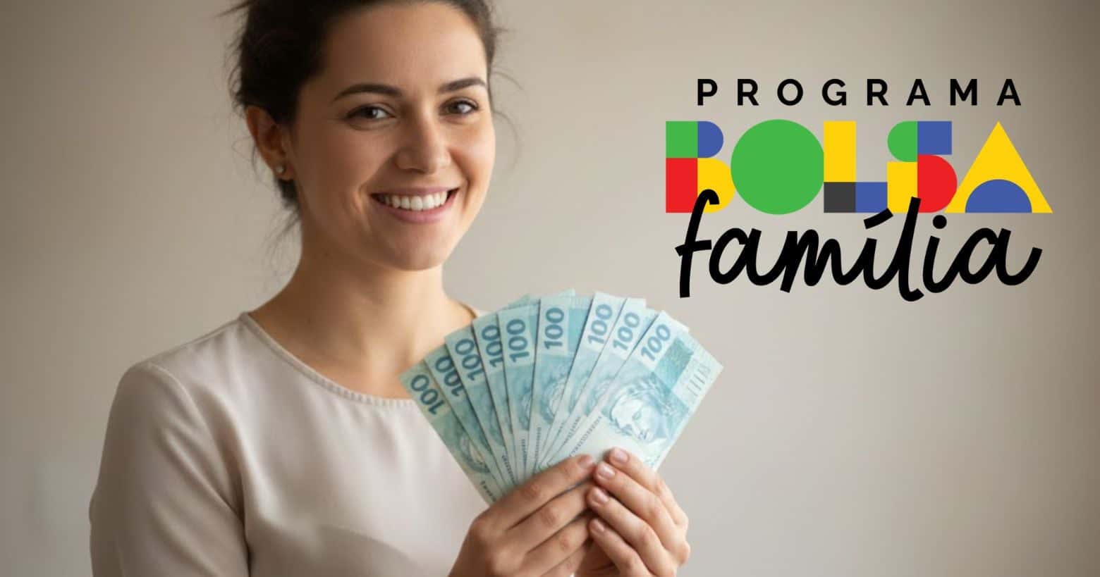 Mulher segurando notas de cem reais e logo Bolsa Família (Foto: Montagem TV Foco / GMN / Internet)