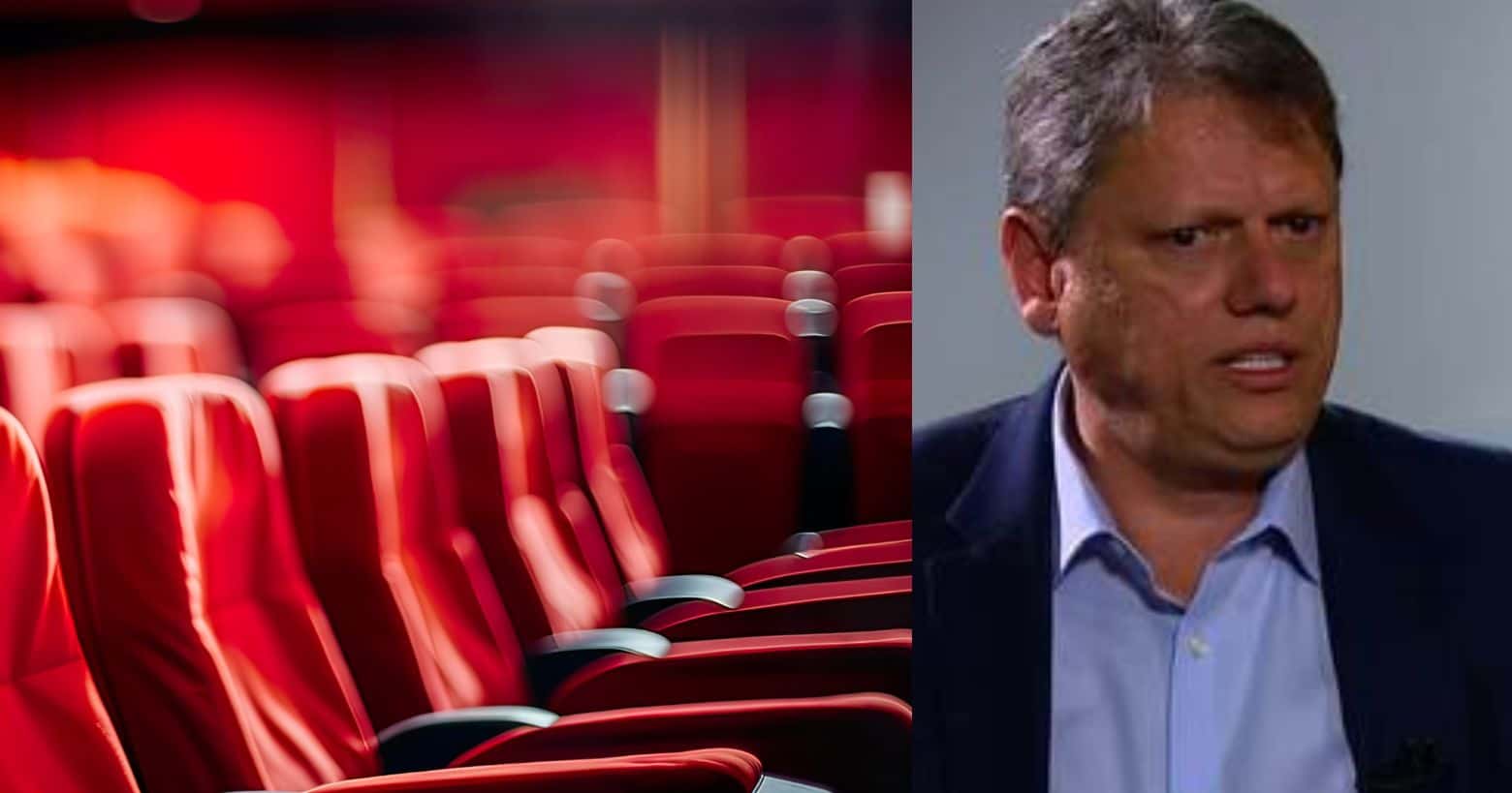 Sala de cinema e Tarcísio de Freitas (Fotos: Reproduções / Globo / Canva)