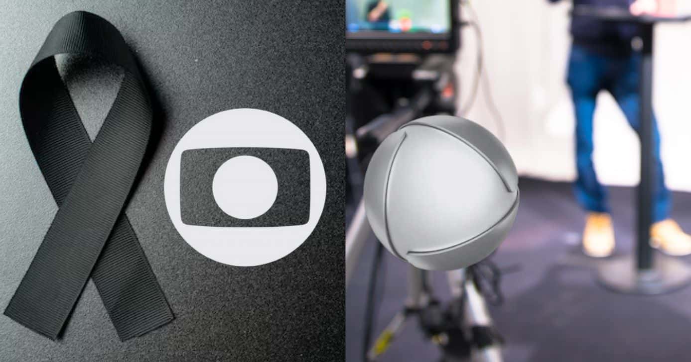Ilustração de luto de jornalista e logo da Globo e Record (Foto: Reprodução / Canva / Globo / Record / Montagem TV Foco)
