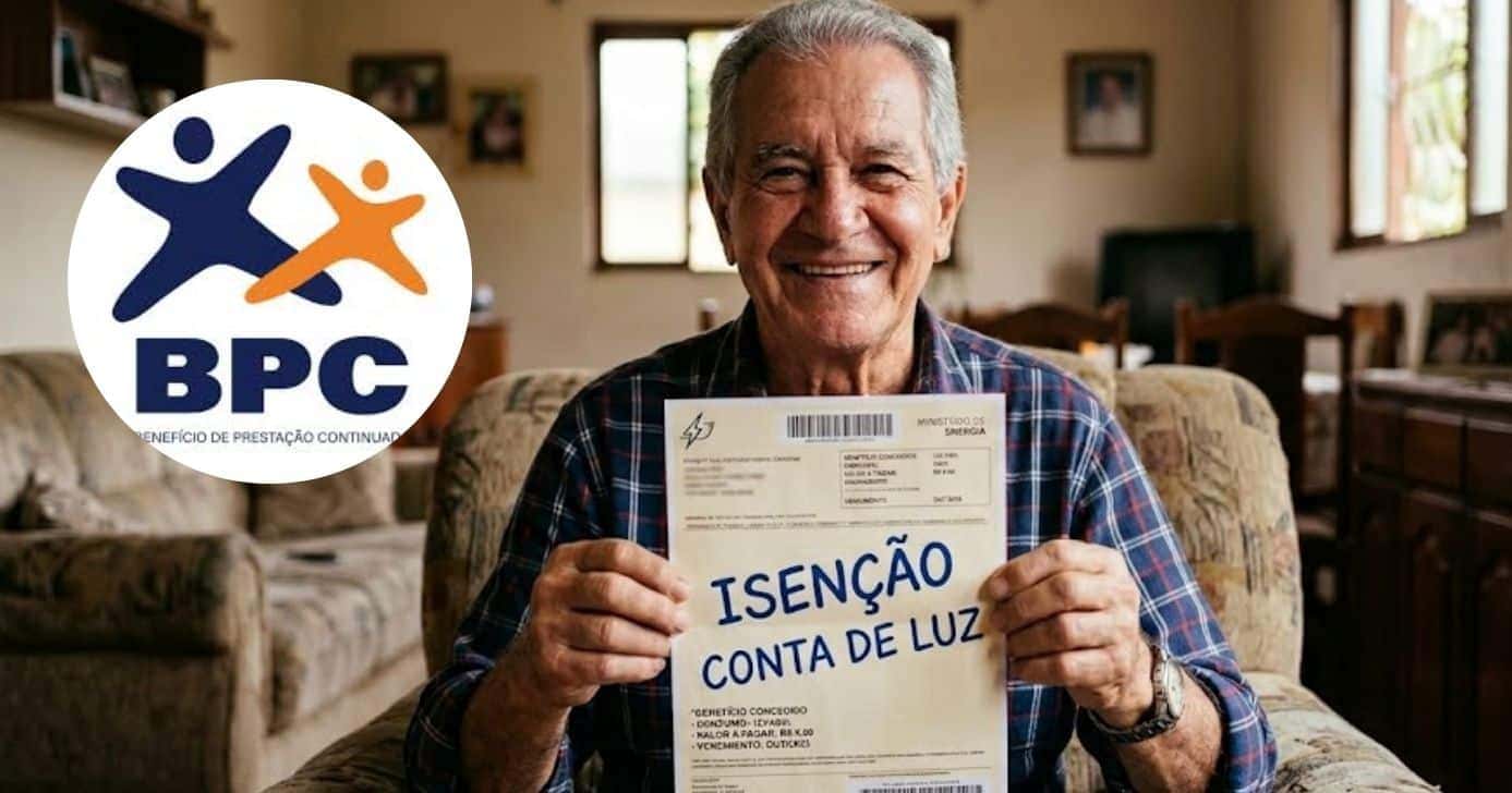 Ilustração idoso segurando conta de luz e logo do BPC (Foto: Montagem TV Foco / GMN / Internet)