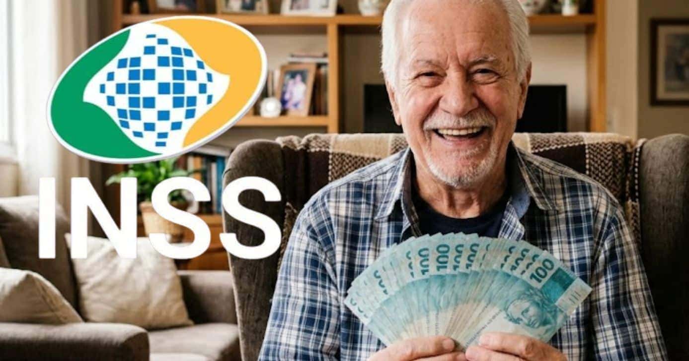 Logo do INSS e idoso segurando notas de cem reais (Foto: Montagem TV Foco / GMN / Internet)