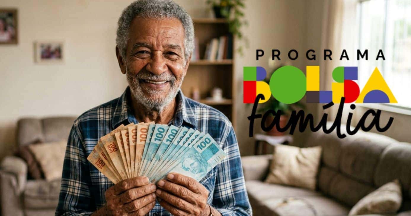 Ilustração idoso e logo Bolsa Família (Foto: Montagem TV Foco / GMN / Governo Federal)