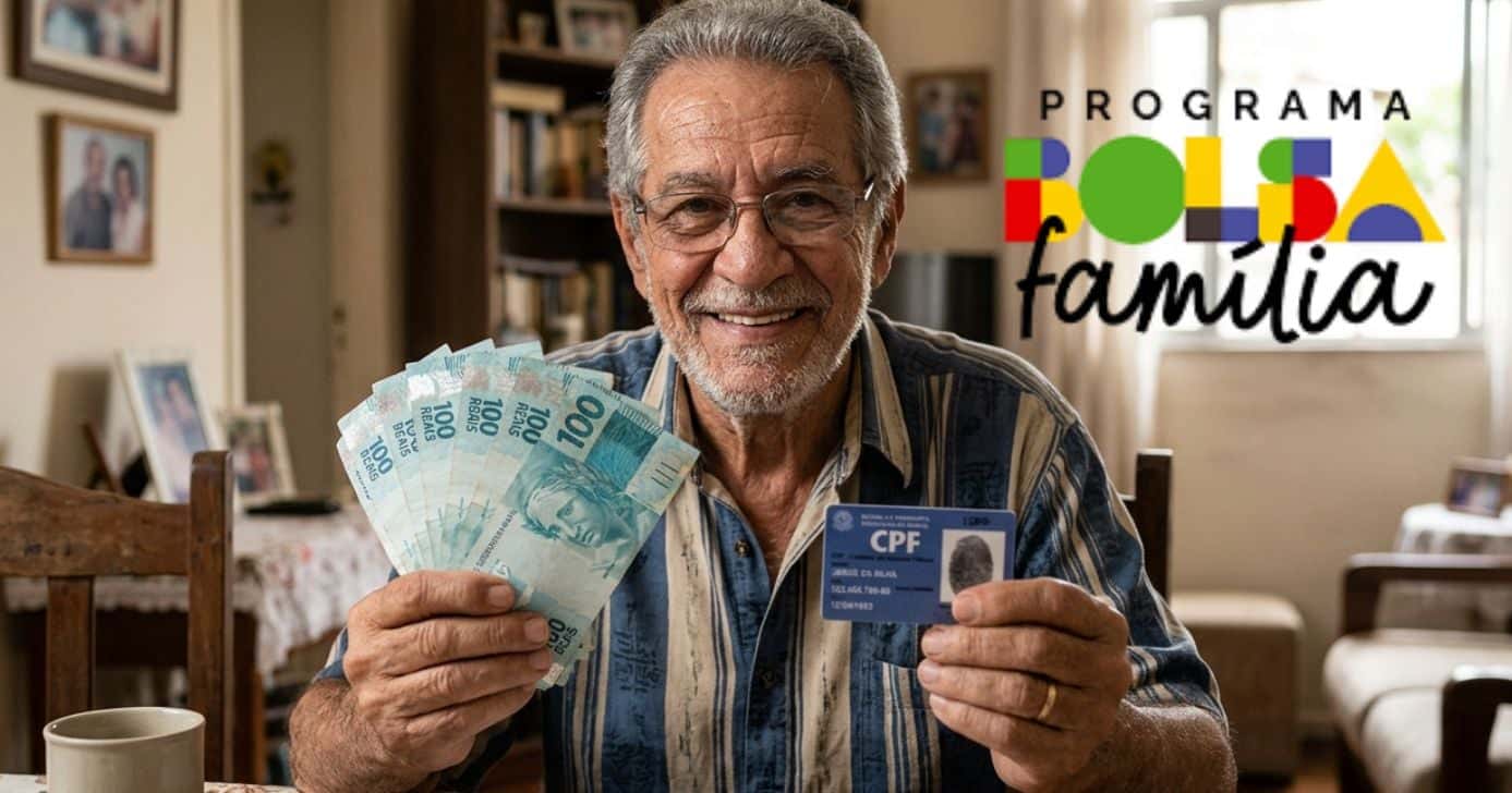 Ilustração idoso segurando notas de real, CPF e logo do Bolsa Família (Foto: Montagem TV Foco / GMN / Governo)