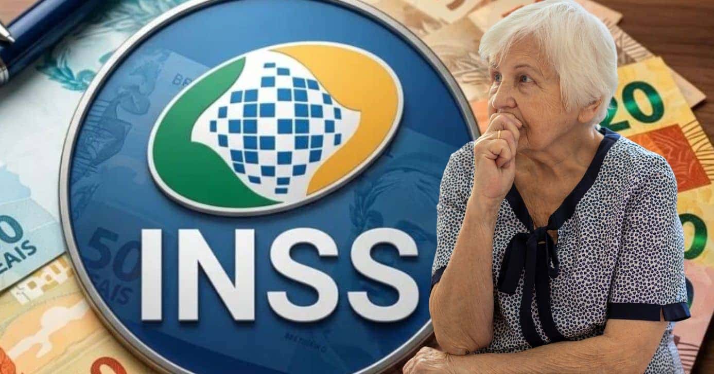 Logo do INSS e idosa pensando (Foto: Montagem TV Foco / GMN / Canva)