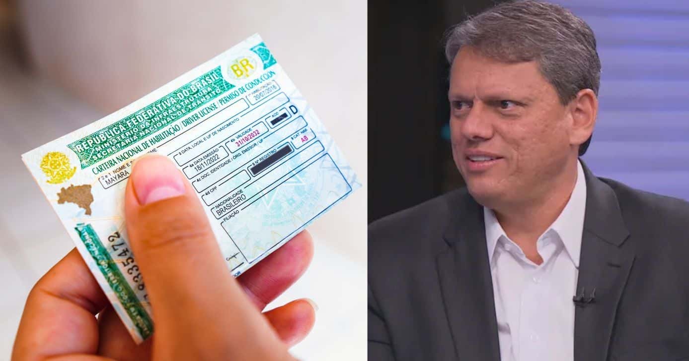 Homem segurando CNH e Tarcísio de Freitas (Fotos: Reproduções / Canva / Globo)