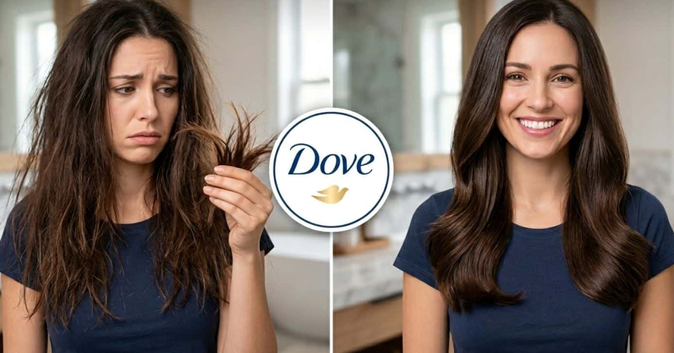 Ilustração antes e depois de pontas duplas e logo da Dove (Foto: Montagem TV Foco / GMN)