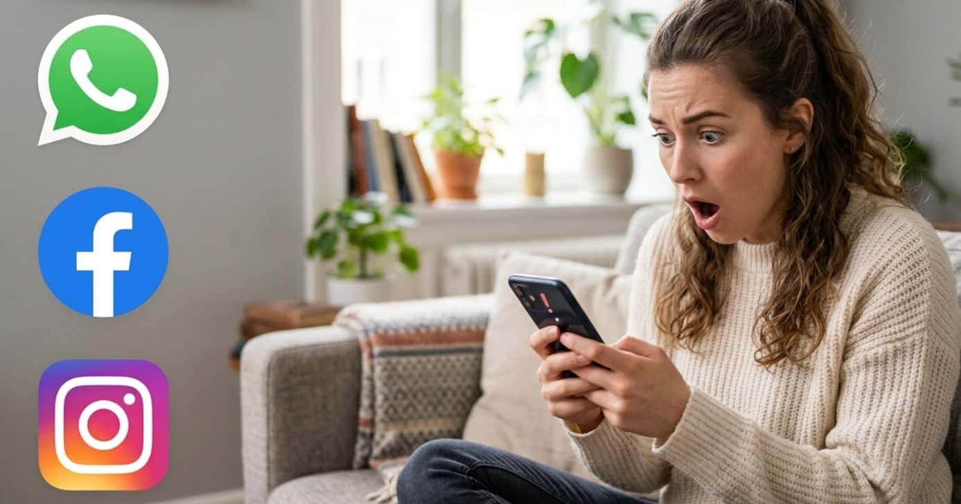 Mulher olhando o celular e logo WhatsApp, Facebook e Instagram (Foto: Montagem TV Foco / GMN)