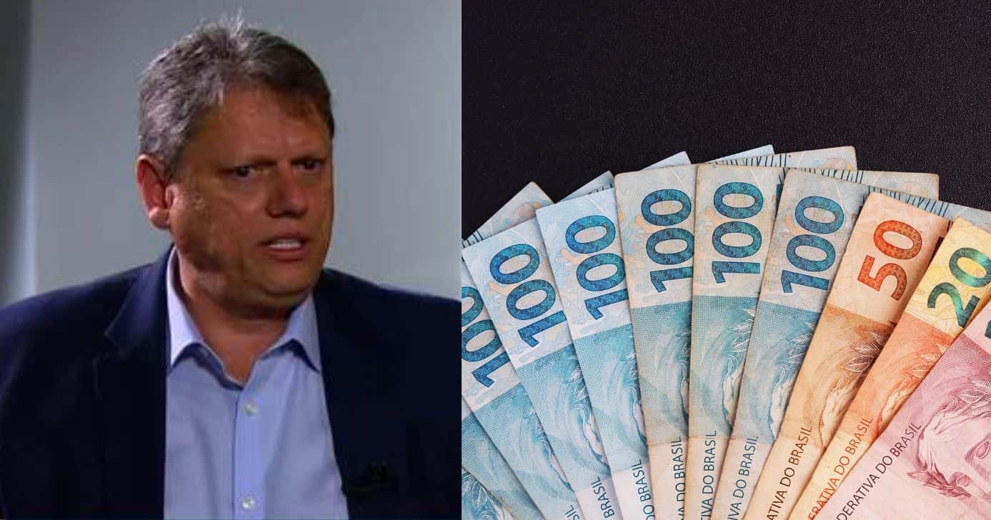 Tarcísio de Freitas e notas de real (Fotos: Reproduções / Globo / Canva)