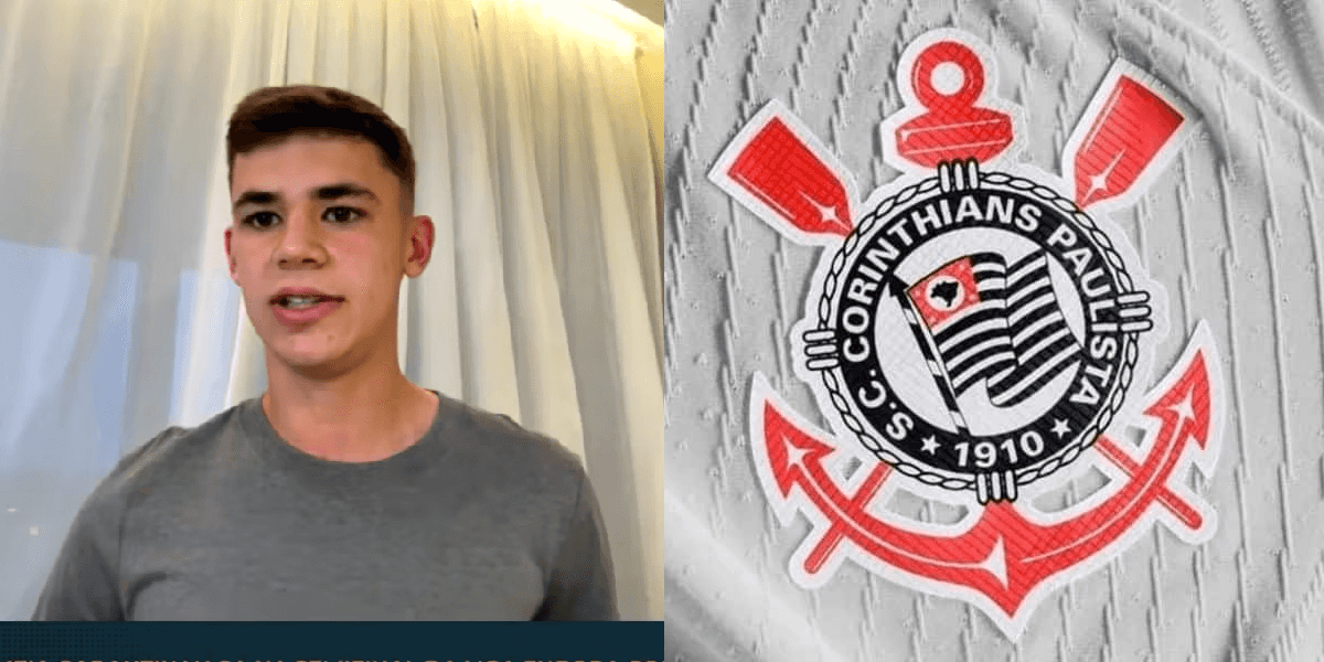 Gabriel Moscardo e o escudo do Corinthians (Foto: Reprodução/ YouTube/ BandSports)