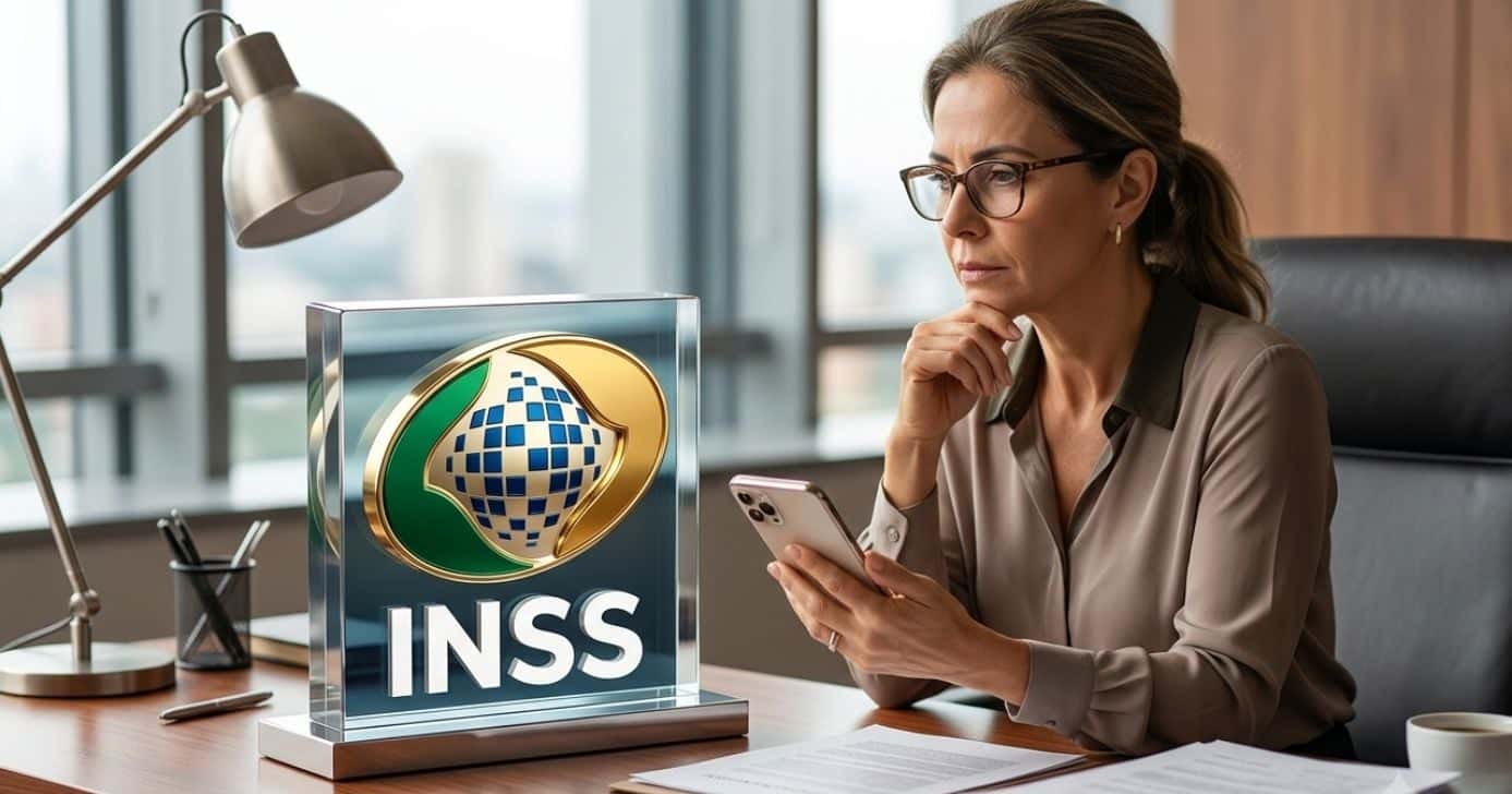 Ilustração logo do INSS e mulher pensando (Foto: Montagem TV Foco / GMN)