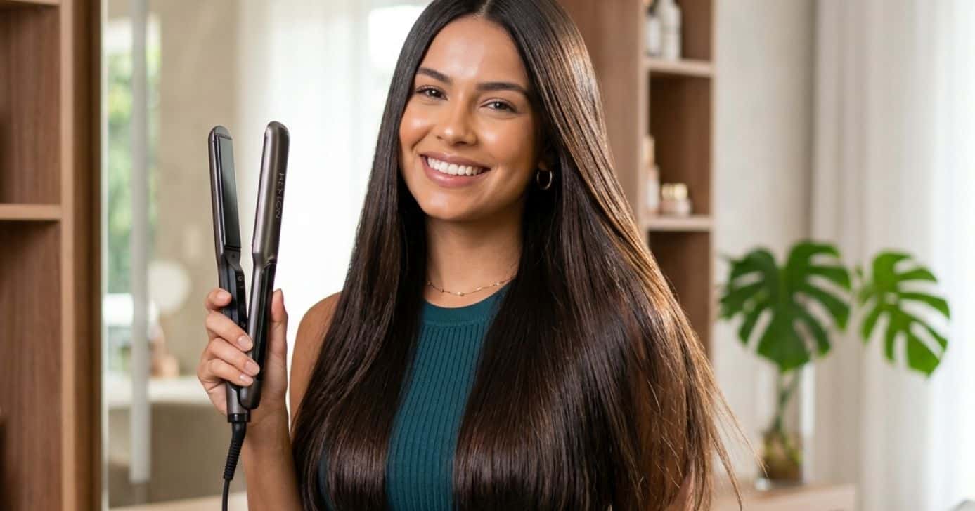 Mulher com o cabelo hidratado e chapinha (Foto: Montagem TV Foco / GMN)