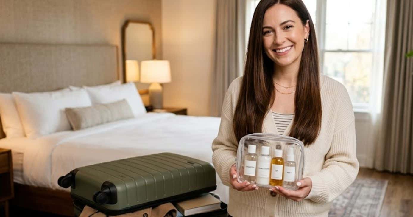 Ilustração mulher segurando kit de viagem para o cabelo (Foto: Montagem TV Foco / GMN)