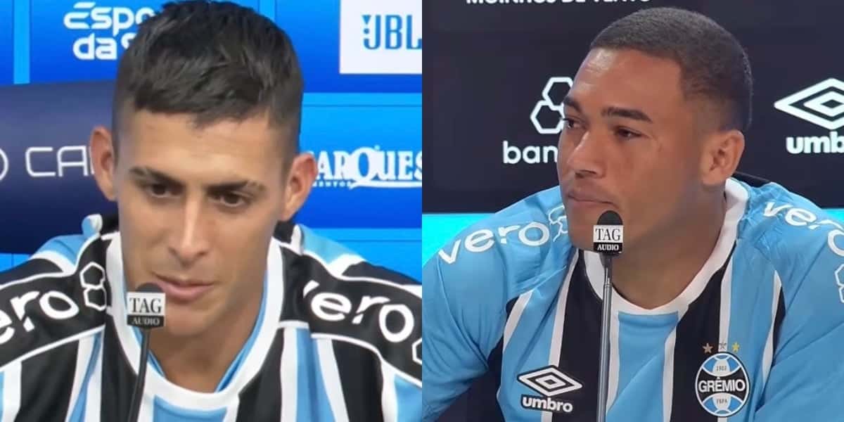 Carlos Vinicius e Pavón, durante coletiva do Grêmio (Imagens reprodução YouTube Grêmio)