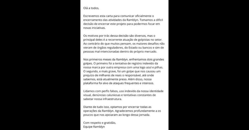 Carta aberta da Ramblyn (Foto: Reprodução/Redes sociais) Carta aberta da Ramblyn (Foto: Reprodução/Redes sociais)