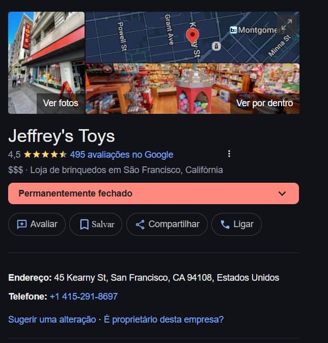 Jeffrey’s Toys com status de permanentemente fechado (Foto Reprodução/National Review) Jeffrey’s Toys com status de permanentemente fechado (Foto Reprodução/National Review)