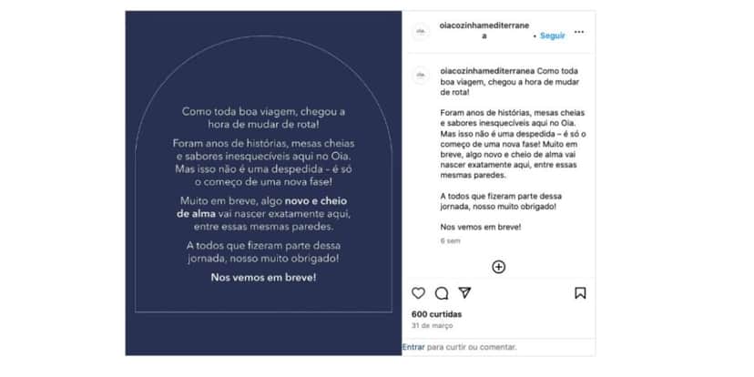 Comunicado Oia Cozinha Mediterrânea (Foto: Reprodução / Instagram) Comunicado Oia Cozinha Mediterrânea (Foto: Reprodução / Instagram)