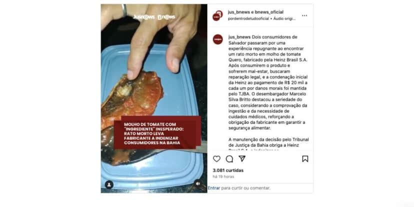 Suposto rato em molho (Foto: Reprodução / Instagram) Suposto rato em molho (Foto: Reprodução / Instagram)