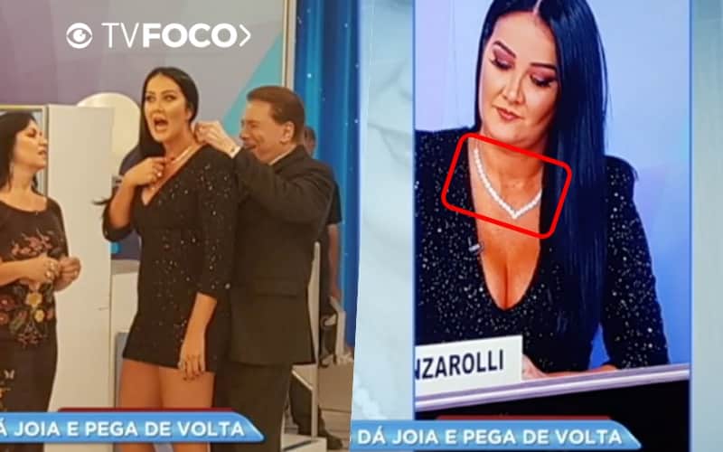 Silvio Santos deu colar de brilhantes para Helen Ganzarolli (Foto reprodução) Silvio Santos deu colar de brilhantes para Helen Ganzarolli (Foto reprodução)