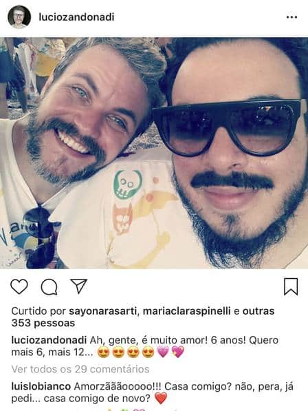 Luis Lobianco com o marido, o pianista Lúcio Zandonadi Foto: Reprodução/Instagram Luis Lobianco com o marido, o pianista Lúcio Zandonadi Foto: Reprodução/Instagram