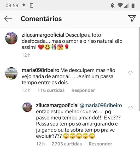 Zilu rebate comantário de internauta (Foto: Reprodução/Instagram) Zilu rebate comantário de internauta (Foto: Reprodução/Instagram)