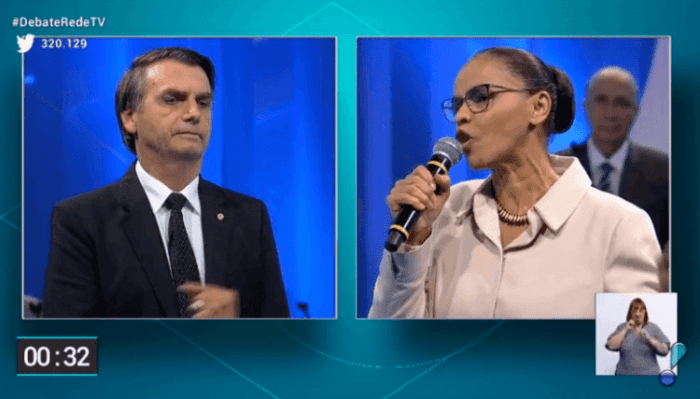 Embate entre Jair Bolsonaro e Marina Silva no 3º bloco foi maior destaque do debate da RedeTV! (Foto: Reprodução/RedeTV!) Embate entre Jair Bolsonaro e Marina Silva no 3º bloco foi maior destaque do debate da RedeTV! (Foto: Reprodução/RedeTV!)