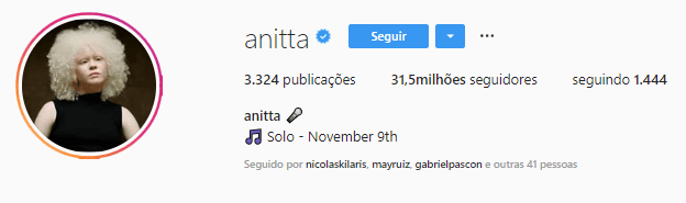 Perfil da Anitta em seu Instagram (Foto: Reprodução). Perfil da Anitta em seu Instagram (Foto: Reprodução).