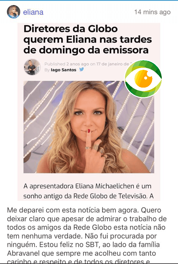 Eliana se pronuncia sobre fake news que vai para a Globo Eliana se pronuncia sobre fake news que vai para a Globo