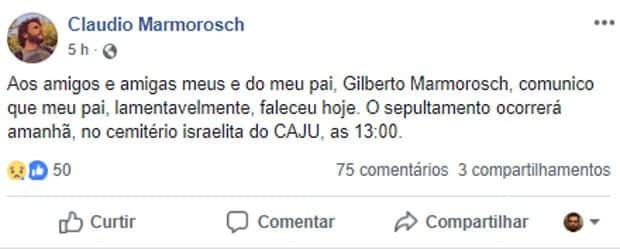 Filho anuncia morte do ator e comediante Gilberto Marmorosch (Foto: Facebook) Filho anuncia morte do ator e comediante Gilberto Marmorosch (Foto: Facebook)