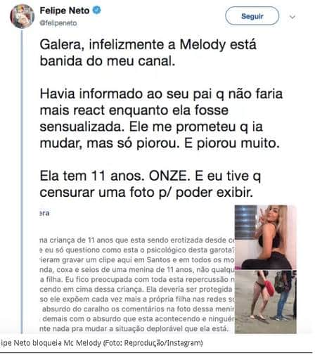 Felipe Neto decidiu 'banir' vídeo de MC Melody do seu canal no Youtube Foto: Reprodução/Twitter Felipe Neto decidiu 'banir' vídeo de MC Melody do seu canal no Youtube Foto: Reprodução/Twitter