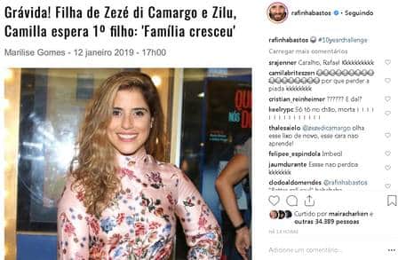 Rafinha Batos faz piada com gravidez de Camilla Camargo Foto: Reprodução/Instagram Rafinha Batos faz piada com gravidez de Camilla Camargo Foto: Reprodução/Instagram
