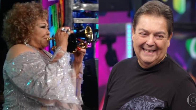 Alcione entrou no palco do programa tocando trompete (Foto: TV Globo) Alcione entrou no palco do programa tocando trompete (Foto: TV Globo)