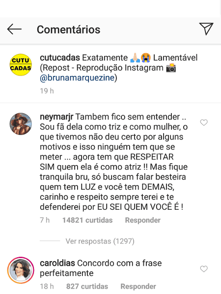 Neymar se rebela em post e defende Bruna Marquezine Neymar se rebela em post e defende Bruna Marquezine