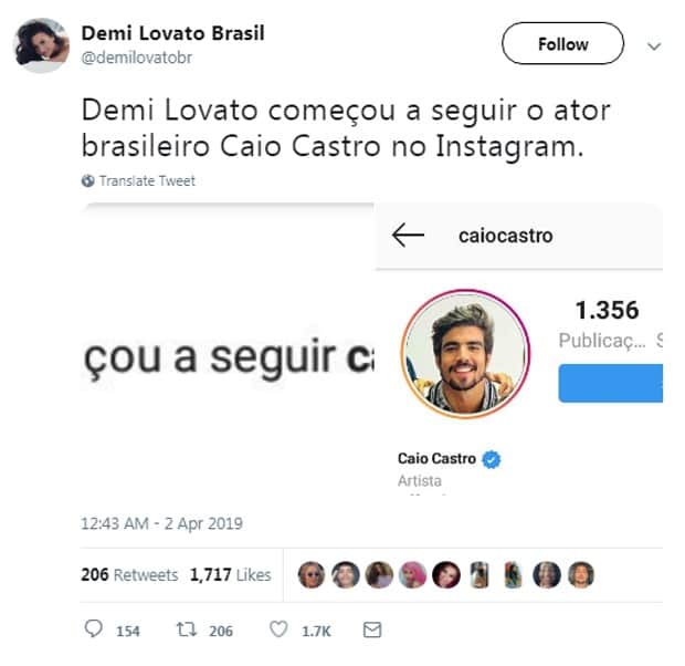 Demi lovato segue Caio Castro (Foto: Reprodução) Demi lovato segue Caio Castro (Foto: Reprodução)