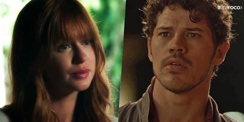 Luz (Marina Ruy Barbosa) e Junior (José Loreto) estão noivos em O Sétimo Guardião 
