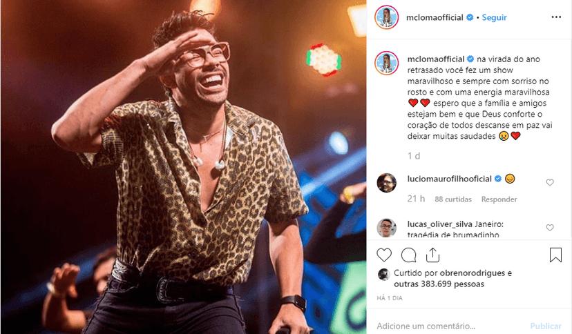 A cantora MC Loma fez uma homenagem para o caantor Gabriel Diniz, na sua conta do Instagram A cantora MC Loma fez uma homenagem para o caantor Gabriel Diniz, na sua conta do Instagram
