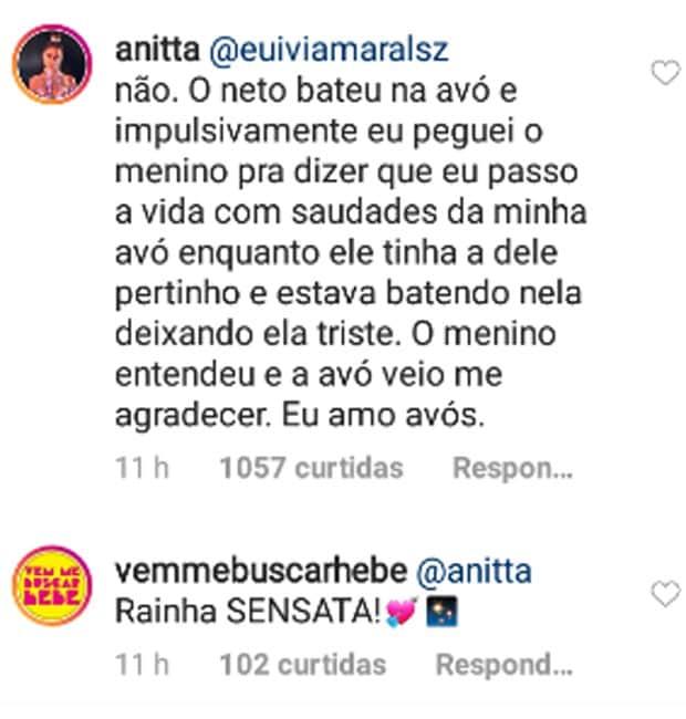Publicação Anitta sobre neto que bateu na avó (Reprodução/Instagram) Publicação Anitta sobre neto que bateu na avó (Reprodução/Instagram)