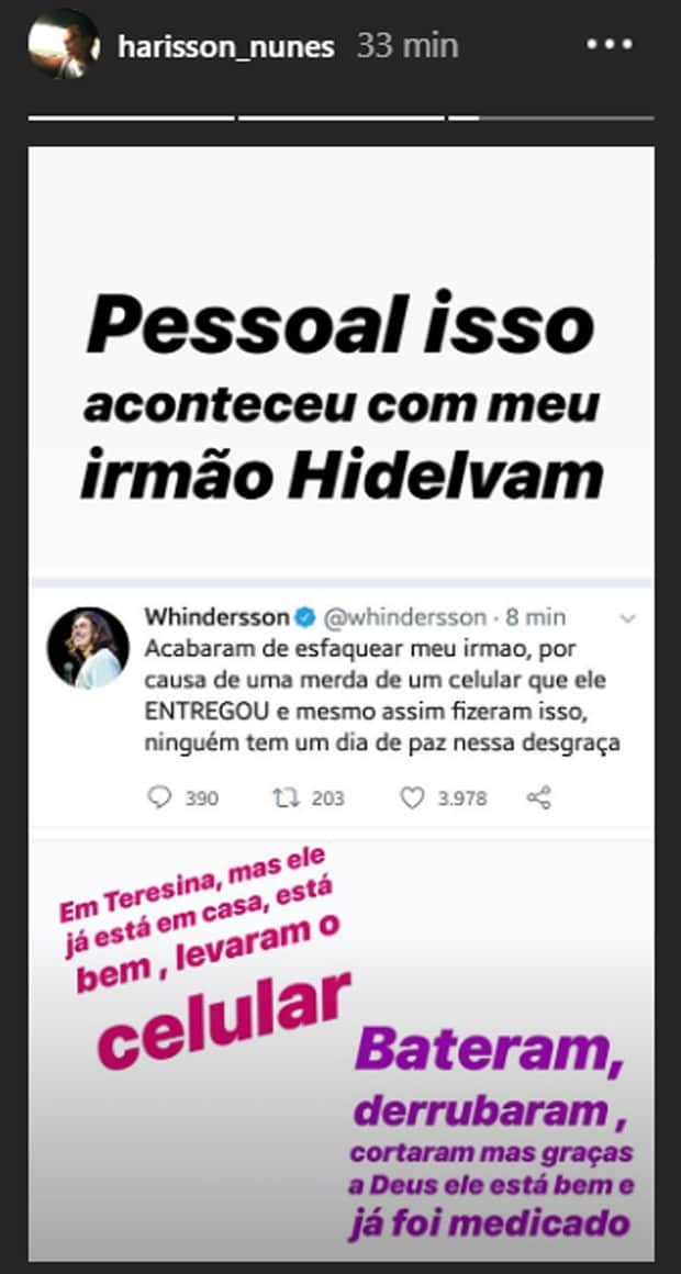 Whindersson Nunes se desespera após ter o irmão esfaqueado em roubo e desabafa: 'bateram, derrubaram, cortaram' Whindersson Nunes se desespera após ter o irmão esfaqueado em roubo e desabafa: 'bateram, derrubaram, cortaram'