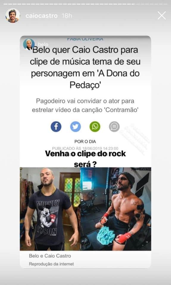 Caio Castro compartilha reportagem sobre convite para estrelar o novo clipe de Belo (Imagem/Instagram) Caio Castro compartilha reportagem sobre convite para estrelar o novo clipe de Belo (Imagem/Instagram)