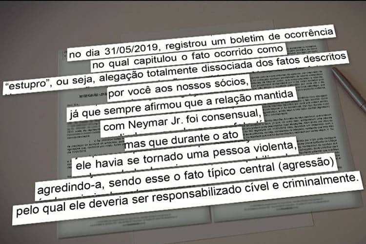 Jornal Nacional exibiu trechos da carta do ex-advogado de Najila Trindade, que acusa Neymar de estupro (Reprodução: TV Globo) Jornal Nacional exibiu trechos da carta do ex-advogado de Najila Trindade, que acusa Neymar de estupro (Reprodução: TV Globo)
