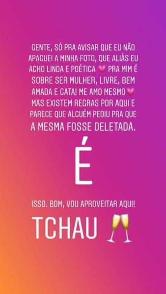 A atriz, Juliana Silveira se manifesta após ter foto retirada no Instagram (Imagem: Instagram) A atriz, Juliana Silveira se manifesta após ter foto retirada no Instagram (Imagem: Instagram)