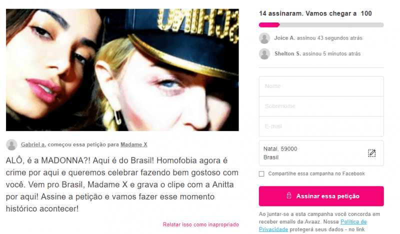 Petição dos brasileiros feita a Madonna (Foto: Reprodução) Petição dos brasileiros feita a Madonna (Foto: Reprodução)
