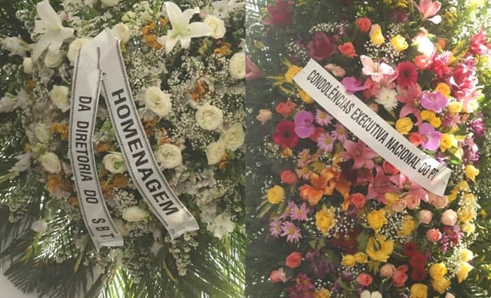 Coroas de flores enviadas pelo SBT e PT a Paulo Henrique Amorim (Foto: Daniel Pinheiro/AgNews) Coroas de flores enviadas pelo SBT e PT a Paulo Henrique Amorim (Foto: Daniel Pinheiro/AgNews)
