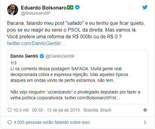 Eduardo Bolsonaro responde a críticas de Danilo Gentili Eduardo Bolsonaro responde a críticas de Danilo Gentili