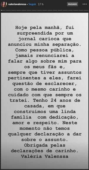 Stories de Valéria Valenssa negando fim do casamento - Reprodução/Instagram Stories de Valéria Valenssa negando fim do casamento - Reprodução/Instagram