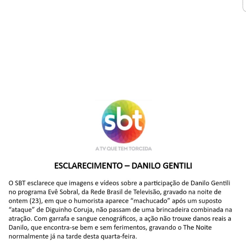 SBT se pronuncia oficialmente sobre agressões e briga de Danilo Gentili Foto: Reprodução SBT se pronuncia oficialmente sobre agressões e briga de Danilo Gentili Foto: Reprodução