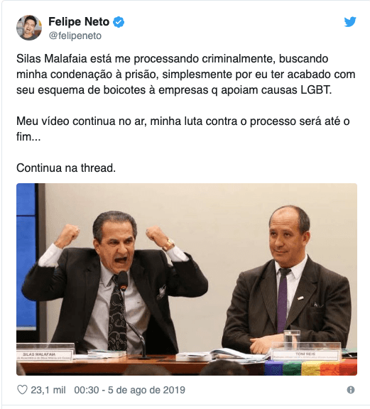 Felipe Neto expõe briga judicial contra Silas Malafaia Felipe Neto expõe briga judicial contra Silas Malafaia