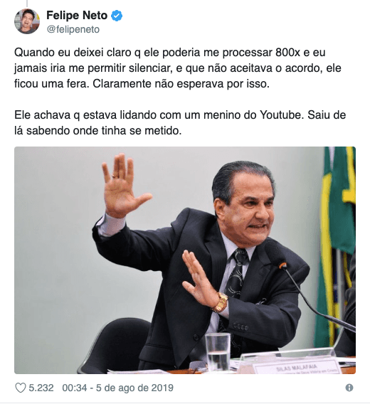 Felipe Neto expõe briga judicial contra 