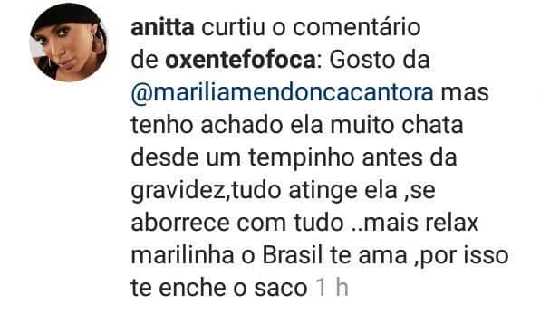 Anitta curtiu comentário crítico à Marília Mendonça: 'Chata' Anitta curtiu comentário crítico à Marília Mendonça: 'Chata'